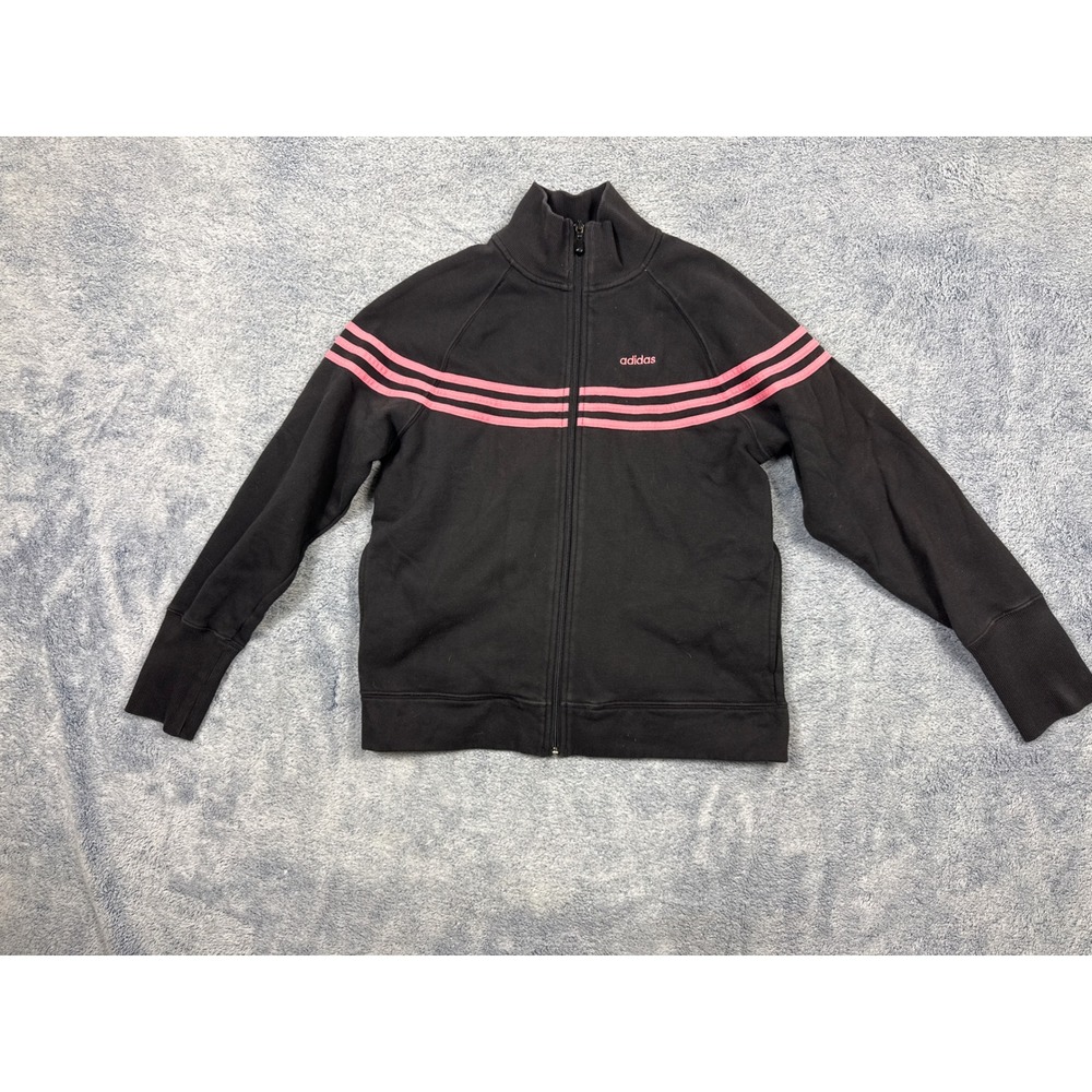 Adidas Womens L Black Pink Stripe Track Jacket Full Zip Fleece Mock Neck